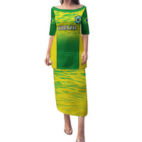 Brazil gradient football long dress with off-shoulder neckline, Brazil text and crest