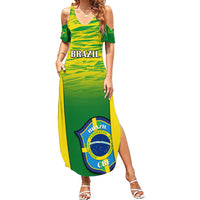 Green gradient cold-shoulder maxi dress with Brazil crest and side slit, short sleeves