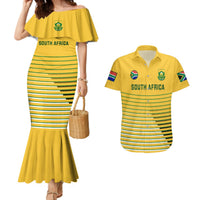 Yellow off-shoulder mermaid dress with striped pattern; matching yellow short-sleeve shirt