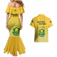 Yellow off-shoulder mermaid dress back with striped pattern; matching shirt back with crest