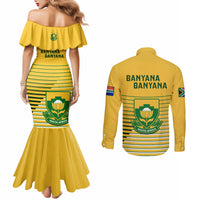 Yellow striped mermaid off-shoulder dress and long-sleeve button shirt, both with back text