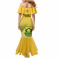 Yellow off-shoulder mermaid soccer dress with green stripes and Banyana Banyana text