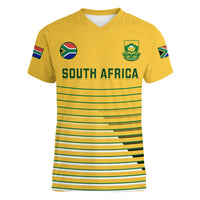 Women's yellow V-neck soccer T-shirt with South Africa text, crest, and green stripes