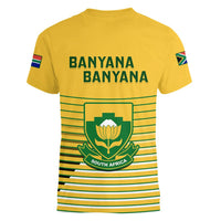 Women's yellow soccer T-shirt back with Banyana Banyana text, crest, and green stripes