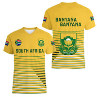Women's yellow soccer T-shirt front and back with South Africa crest and green stripes