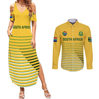 Yellow cold-shoulder maxi dress and long-sleeve button shirt set with green stripe print