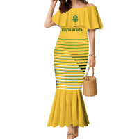 Yellow off-shoulder mermaid soccer dress with green horizontal stripes and flared hem