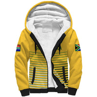 Yellow zip sherpa hoodie with white lined hood, black trim, and striped front graphics