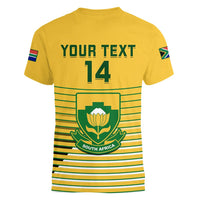 Yellow women’s V-neck soccer T-shirt back with YOUR TEXT 14 and South Africa crest