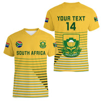 Yellow women’s V-neck soccer T-shirt shown front South Africa print and back 14