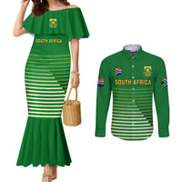 Green off-shoulder mermaid dress with striped bodice and matching long-sleeve button shirt
