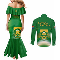 Green off-shoulder mermaid dress back and long-sleeve button shirt back with crest