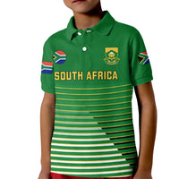 Kids green soccer polo shirt, South Africa text and striped hem graphics
