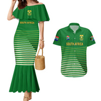 Green off-shoulder mermaid dress with striped body and matching South Africa Hawaiian shirt