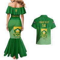 Green off-shoulder mermaid dress and matching Hawaiian shirt with striped back, 'YOUR TEXT 14'