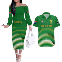 Custom South Africa Soccer Couples Matching Off The Shoulder Long Sleeve Dress and Hawaiian Shirt 2023 World Cup Go Banyana Banyana Green - Wonder Print Shop