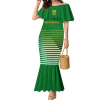 Green off-shoulder mermaid soccer dress with striped panel and South Africa crest