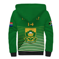 Green zip-up sherpa hoodie back with South Africa crest, stripes, and side flag patches