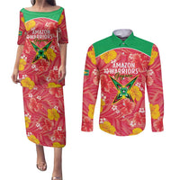Custom Guyana Cricket Couples Matching Puletasi and Long Sleeve Button Shirt 2025 Go Amazon Warriors Tropical Style - Wonder Print Shop