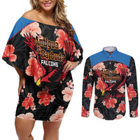 Custom Antigua and Barbuda Cricket Couples Matching Off Shoulder Short Dress and Long Sleeve Button Shirt 2025 Go Falcons Tropical Style - Wonder Print Shop