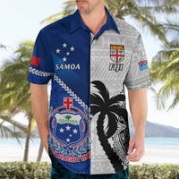 Blue and white rugby Hawaiian shirt with button front, Samoa vs Fiji crests and palm