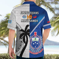 Blue and white rugby Hawaiian shirt, back text 'Flying Fijians vs Manu Samoa' with palm graphic