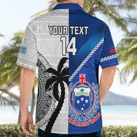 Back view blue and gray rugby-style button polo shirt with 'YOUR TEXT' 14 and palm