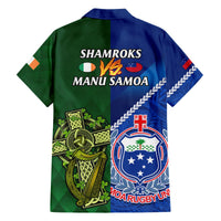 Rugby-style button-up shirt back view in green and blue with "SHAMROCKS" graphics