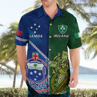 Two-tone blue and green rugby-style button-up shirt with Samoa and Ireland emblems