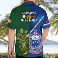Rugby-style button-up shirt back view in green and blue with "SHAMROCKS vs MANU SAMOA"