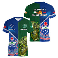 Samoa And Ireland Rugby Women V Neck T Shirt 2023 World Cup Manu Samoa With Shamrocks - Wonder Print Shop