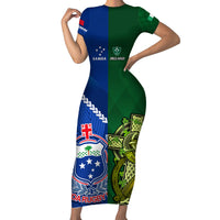 Custom Samoa And Ireland Rugby Family Matching Short Sleeve Bodycon Dress and Hawaiian Shirt 2023 World Cup Manu Samoa With Shamrocks - Wonder Print Shop