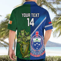 Rugby-style Hawaiian shirt back, blue/green with YOUR TEXT 14 and Samoa crest