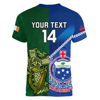 Custom Samoa And Ireland Rugby Women V Neck T Shirt 2023 World Cup Manu Samoa With Shamrocks - Wonder Print Shop
