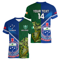 Custom Samoa And Ireland Rugby Women V Neck T Shirt 2023 World Cup Manu Samoa With Shamrocks - Wonder Print Shop