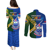 Samoa And South Africa Rugby Couples Matching Puletasi Dress and Long Sleeve Button Shirts 2023 World Cup Manu Samoa With Springboks - Wonder Print Shop
