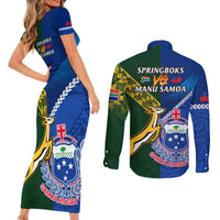 Samoa And South Africa Rugby Couples Matching Short Sleeve Bodycon Dress and Long Sleeve Button Shirts 2023 World Cup Manu Samoa With Springboks - Wonder Print Shop