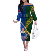 Custom Samoa And South Africa Rugby Family Matching Off Shoulder Long Sleeve Dress and Hawaiian Shirt 2023 World Cup Manu Samoa With Springboks - Wonder Print Shop
