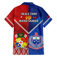 Rugby Hawaiian shirt back with red/blue panels and text 'IKALE TAHI' plus team logos