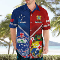 Adult rugby Hawaiian shirt on model, blue and red front with Samoa and Tonga crests