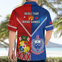 Adult rugby Hawaiian shirt back with red/blue split and 'IKALE TAHI VS MANU SAMOA' text