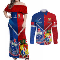 Custom Samoa And Tonga Rugby Couples Matching Off Shoulder Maxi Dress and Long Sleeve Button Shirts 2023 World Cup Manu Samoa With Ikale Tahi - Wonder Print Shop