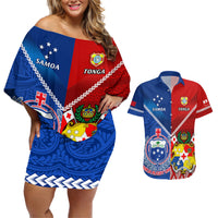 Custom Samoa And Tonga Rugby Couples Matching Off Shoulder Short Dress and Hawaiian Shirt 2023 World Cup Manu Samoa With Ikale Tahi - Wonder Print Shop