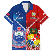 Samoa and Tonga rugby-style button-up shirt, blue/red with crest graphics and short sleeves