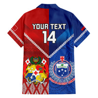 Rugby-style button-up shirt back, blue/red with 'YOUR TEXT 14' and crest graphics