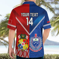 Rugby-style button-up shirt back in blue/red with 'YOUR TEXT 14' and crest emblems