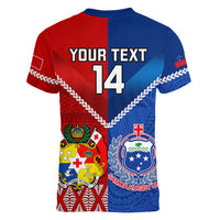 Custom Samoa And Tonga Rugby Women V Neck T Shirt 2023 World Cup Manu Samoa With Ikale Tahi - Wonder Print Shop