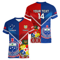 Custom Samoa And Tonga Rugby Women V Neck T Shirt 2023 World Cup Manu Samoa With Ikale Tahi - Wonder Print Shop