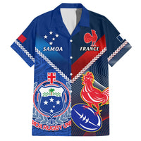 Blue short-sleeve button-up rugby Hawaiian shirt with Samoa and France logo graphics