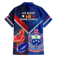 Blue button-up rugby Hawaiian shirt with Les Bleus vs Manu Samoa graphic